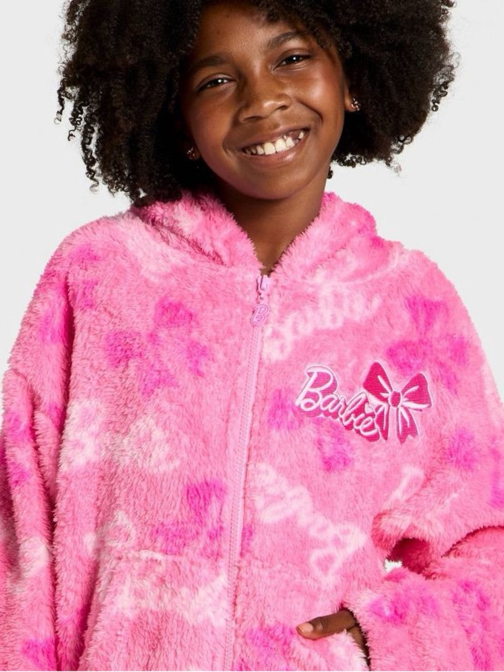 Barbie Pink Plush Hooded Jacket with Embroidered Logo